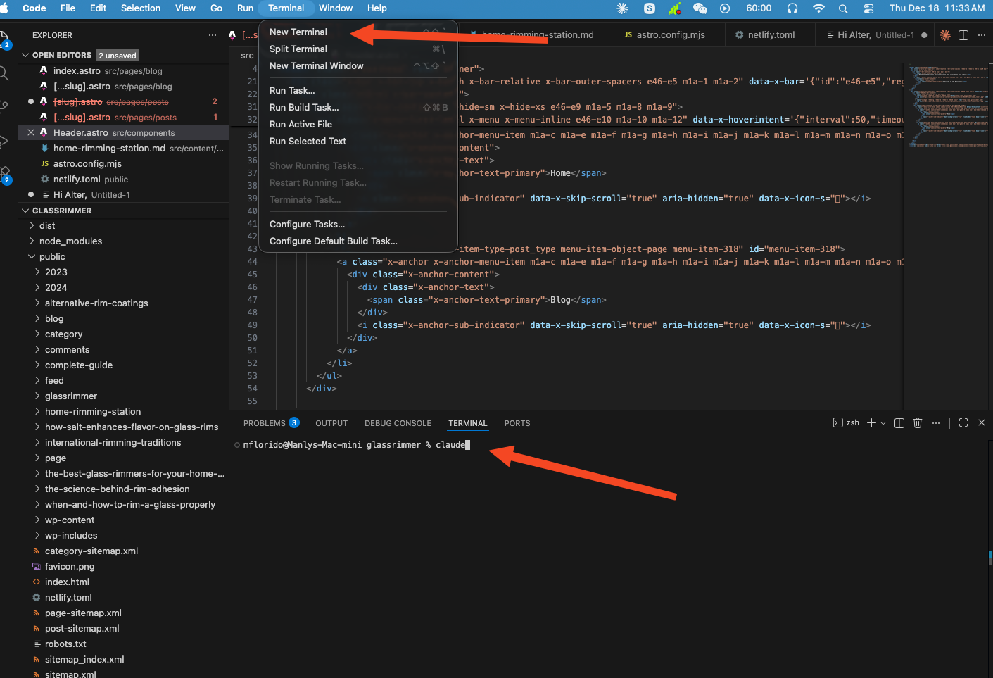 Opening a new terminal in VS Code and running the 'claude' command