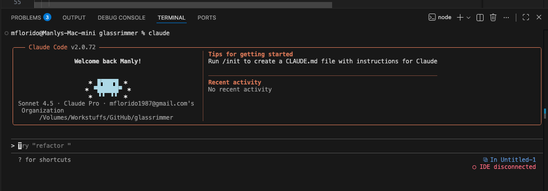 Claude Code interface active in the VS Code terminal with welcome message