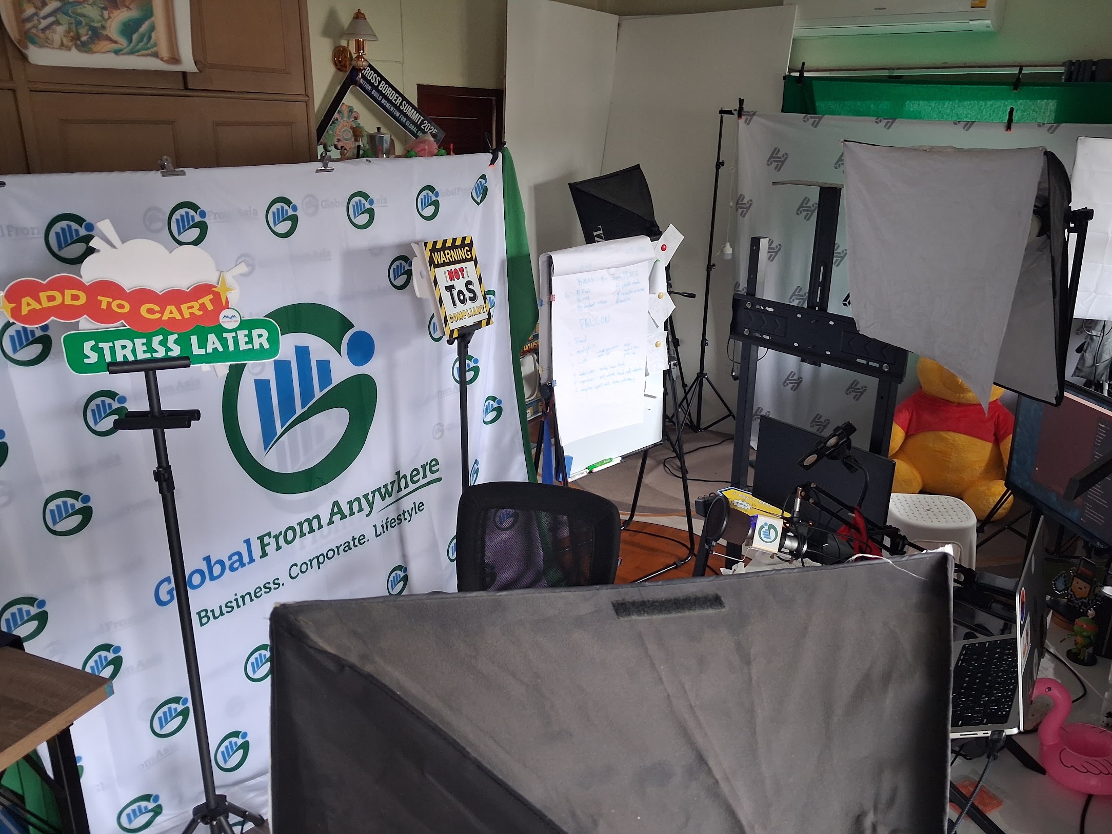 GFA studio gear — microphone, lights, and background holder
