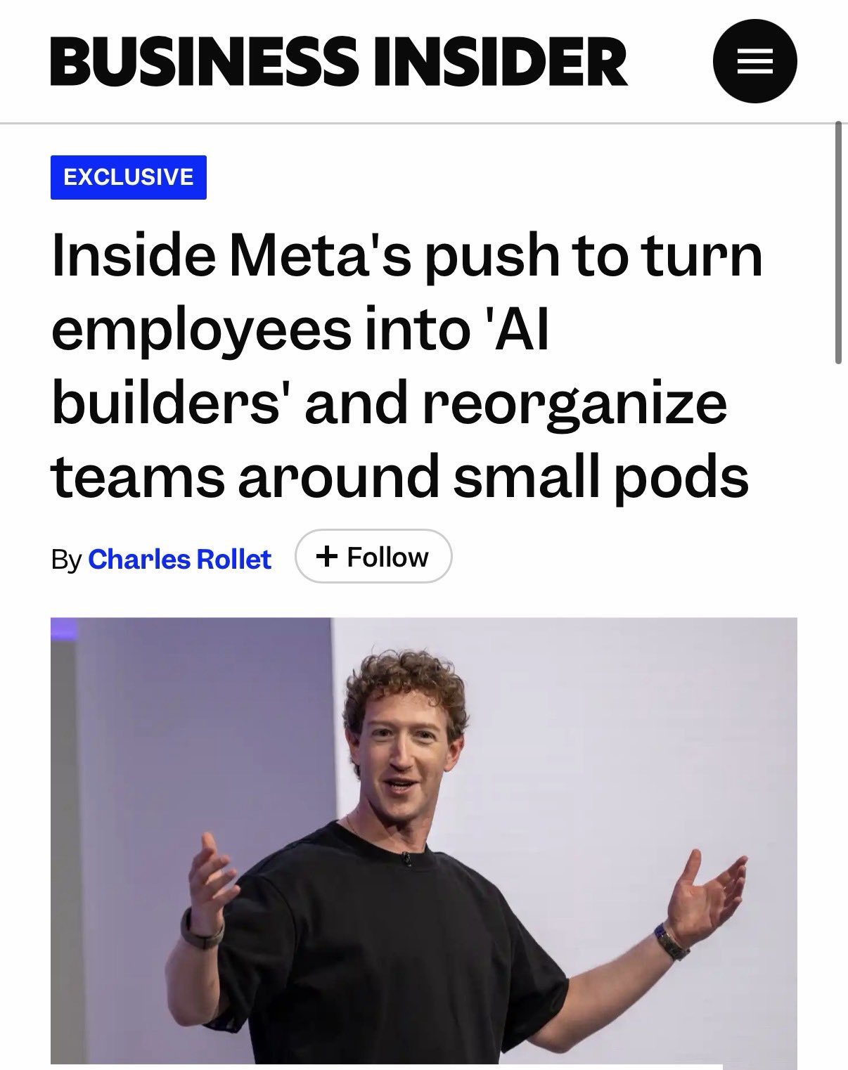 Business Insider article screenshot showing Meta’s shift to AI pods and turning employees into AI builders