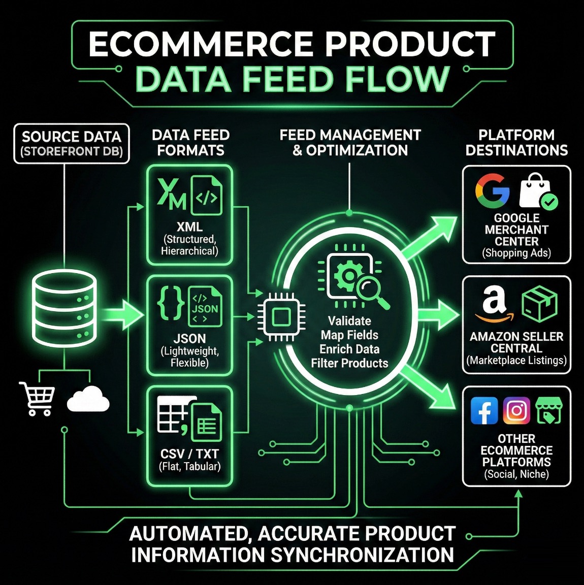 E-commerce product data feed flow from source to multiple channels